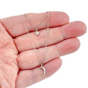 Sterling Silver Crescent Moon and Star CZ Necklace 15.5-17.5 inches